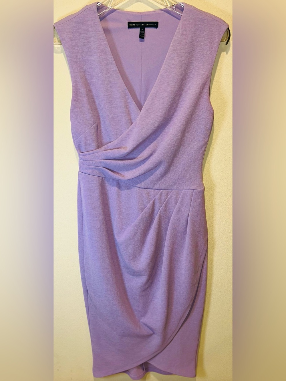 White House Black Market Lavender Faux Wrap Sheath Dress Size 6 Ruched Sleeveles